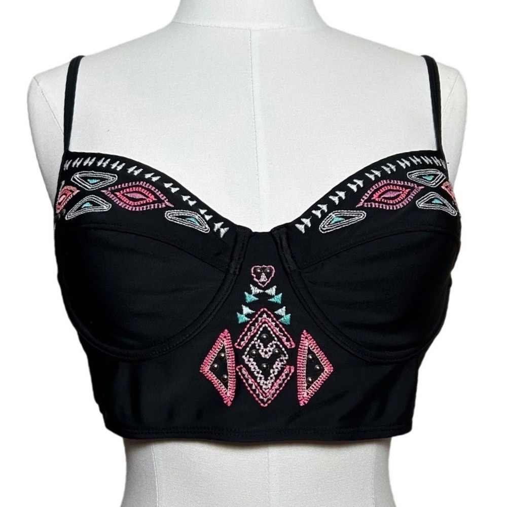 Xhilaration Black‎ Embroidered Studded Tribal Rave Bustier Bikini Top Large L